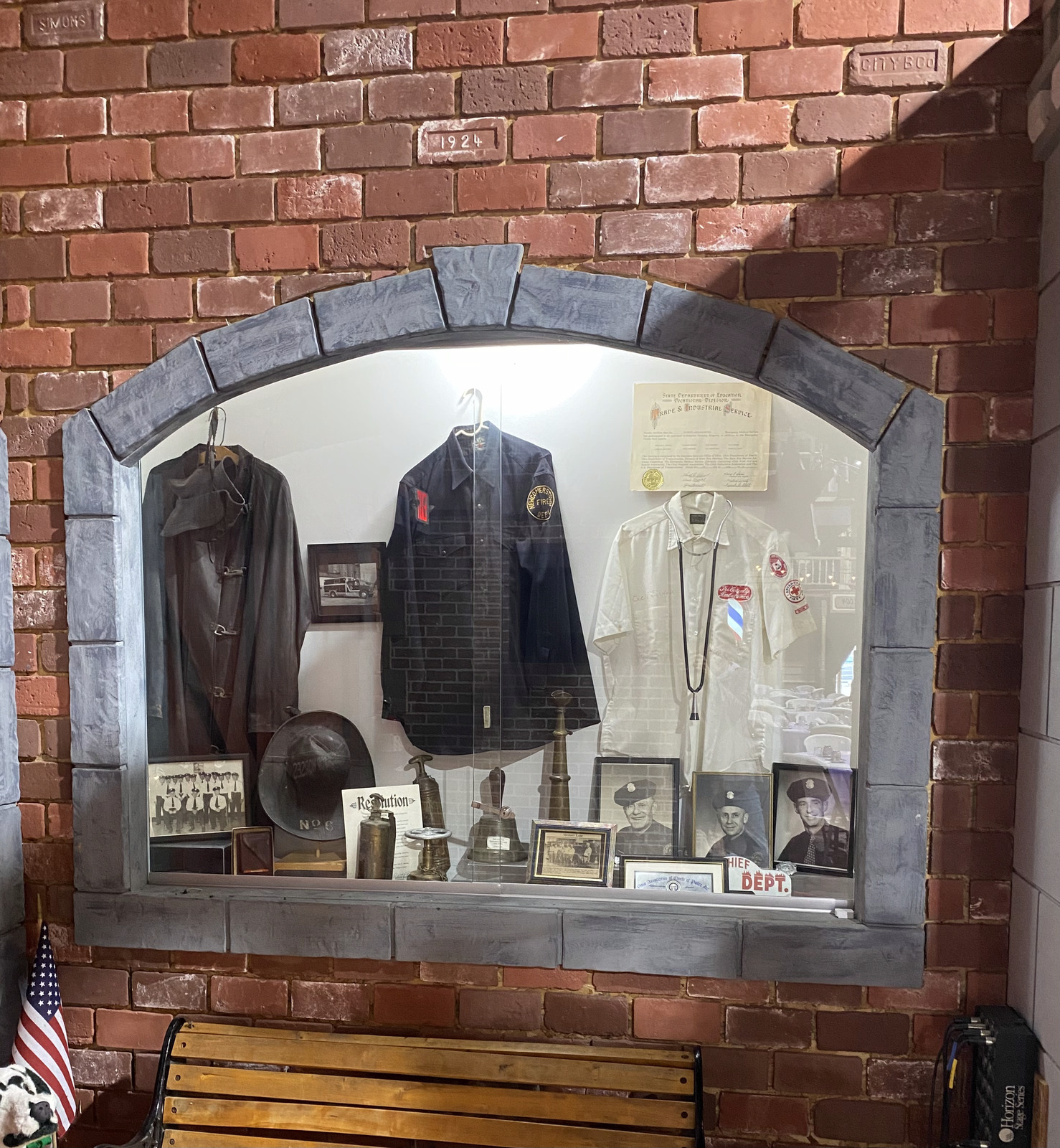 Fire department uniforms and memorabilia display
