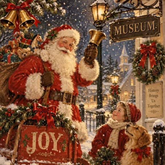 Old-fashioned Christmas scene — Santa ringing a bell beside a JOY sleigh, a child and her dog, falling snow, and a wreath-trimmed Museum sign reading History Brings Us Together