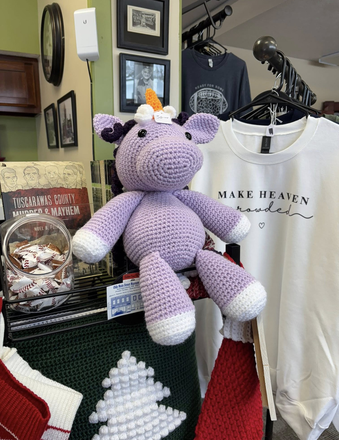 Gift shop display with a handmade unicorn and local books