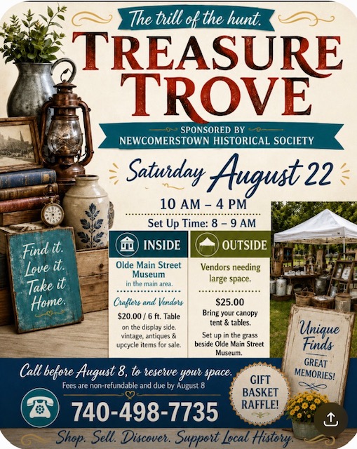 Treasure Trove vendor and craft market flyer — Saturday, August 22, 2026, 10 AM to 4 PM at the Olde Main Street Museum
